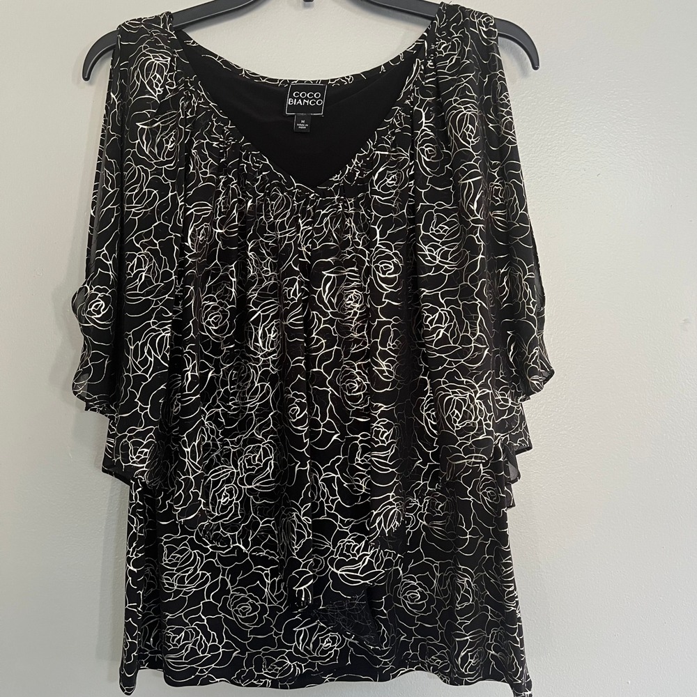 Coco Bianco Womens Black Silver Metallic Rose Cold Shoulder Layered Blouse M